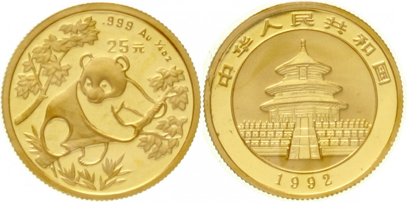 China
Volksrepublik, seit 1949
25 Yuan GOLD 1992. Panda auf Baum. 1/4 Unze Fei...
