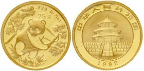 China
Volksrepublik, seit 1949
25 Yuan GOLD 1992. Panda auf Baum. 1/4 Unze Feingold. Verschweißt.
Stempelglanz