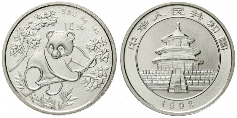China
Volksrepublik, seit 1949
10 Yuan Panda 1992. Panda auf Baum. Small Date....