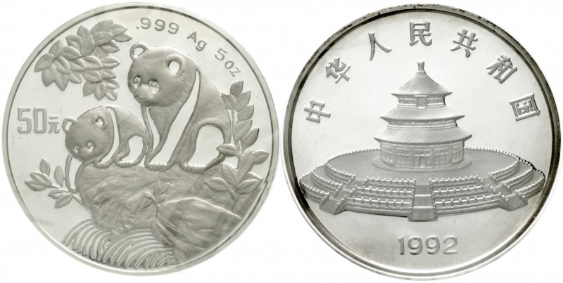 China
Volksrepublik, seit 1949
50 Yuan 5 Unzen Silbermünze 1992. Zwei Pandas a...