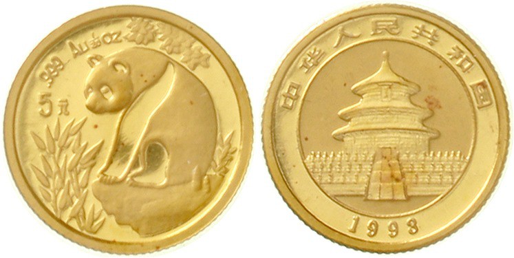 China
Volksrepublik, seit 1949
5 Yuan GOLD 1993. Panda auf Felsen. 1/20 Unze F...