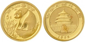 China
Volksrepublik, seit 1949
5 Yuan GOLD 1993. Panda auf Felsen. 1/20 Unze Feingold. Large Date, verschweißt.
Stempelglanz, kl. rote Flecken