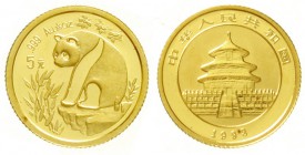 China
Volksrepublik, seit 1949
5 Yuan GOLD 1993. Panda auf Felsen. 1/20 Unze Feingold. Small Date.
Stempelglanz, kl. roter Fleck