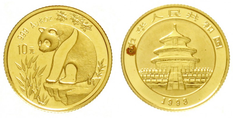 China
Volksrepublik, seit 1949
10 Yuan GOLD 1993. Panda auf Felsen. 1/10 Unze ...