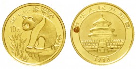 China
Volksrepublik, seit 1949
10 Yuan GOLD 1993. Panda auf Felsen. 1/10 Unze Feingold. Small Date.
Stempelglanz, roter Fleck