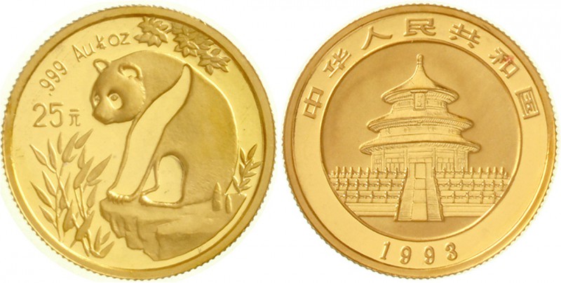 China
Volksrepublik, seit 1949
25 Yuan GOLD 1993. Panda auf Felsen. 1/4 Unze F...