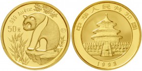 China
Volksrepublik, seit 1949
50 Yuan GOLD 1993. Panda auf Felsen beim Nachdenken. 1/2 Unze Feingold mit Beizeichen P. Auflage max. 2500 Ex.
Polie...