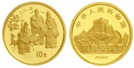 China
Volksrepublik, seit 1949
10 Yuan GOLD 1993. Gottheiten des Glücks mit Kind und Reh, des Wohlstands sowie der Gesundheit und des langen Lebens,...