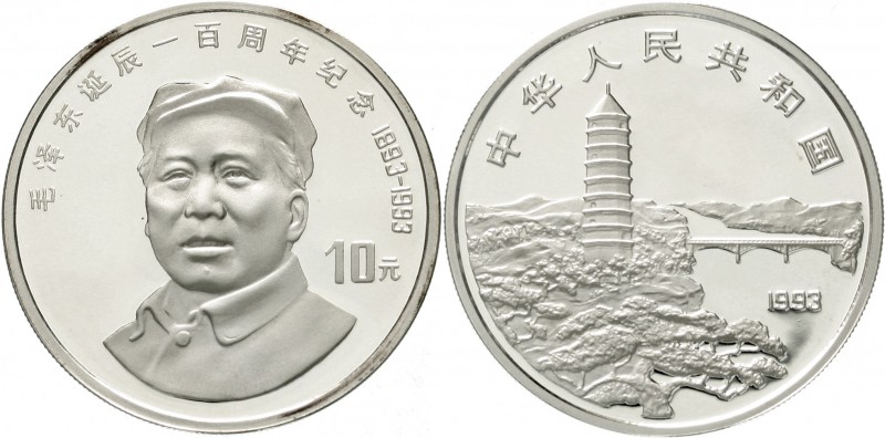 China
Volksrepublik, seit 1949
10 Yuan Silber 1993. 100. Geburtstag von Mao Ze...