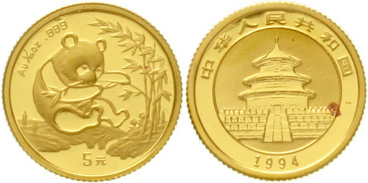 China
Volksrepublik, seit 1949
5 Yuan GOLD 1994. Sitzender Panda beim Verzehr ...