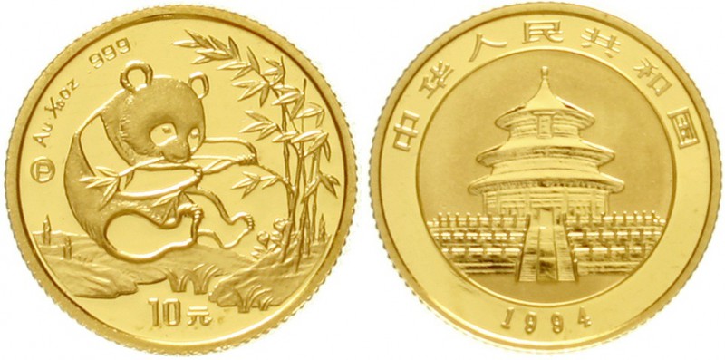 China
Volksrepublik, seit 1949
10 Yuan GOLD 1994. Sitzender Panda beim Verzehr...