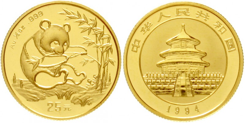 China
Volksrepublik, seit 1949
25 Yuan GOLD 1994. Sitzender Panda beim Verzehr...