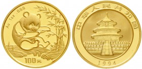 China
Volksrepublik, seit 1949
100 Yuan 1 Unze GOLD 1994. Sitzender Panda beim Verzehr einer Bambuspflanze. Large Date.
Stempelglanz