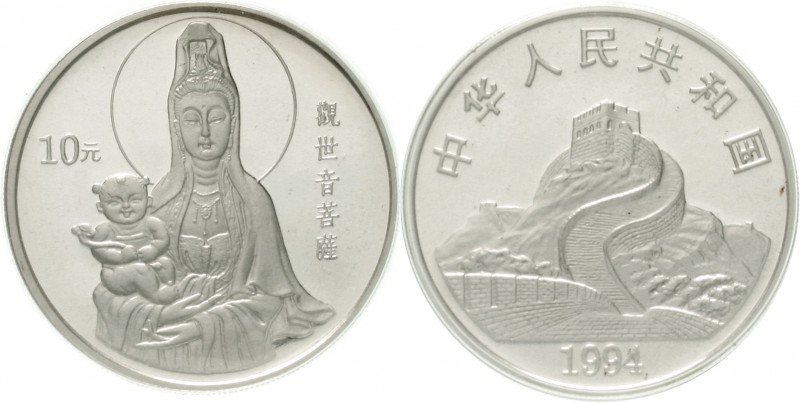 China
Volksrepublik, seit 1949
10 Yuan Silber (1 Unze) 1994. Guanyin mit neuge...