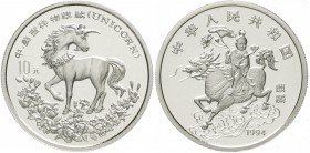China
Volksrepublik, seit 1949
10 Yuan Silber 1994. Einhorn/Kind auf Chinesischem Einhorn. In Kapsel.
Stempelglanz