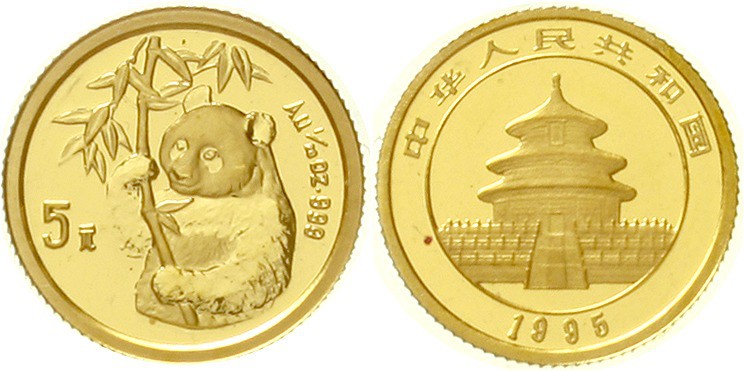 China
Volksrepublik, seit 1949
5 Yuan GOLD 1995. Hüftbild eines Pandas mit Bam...