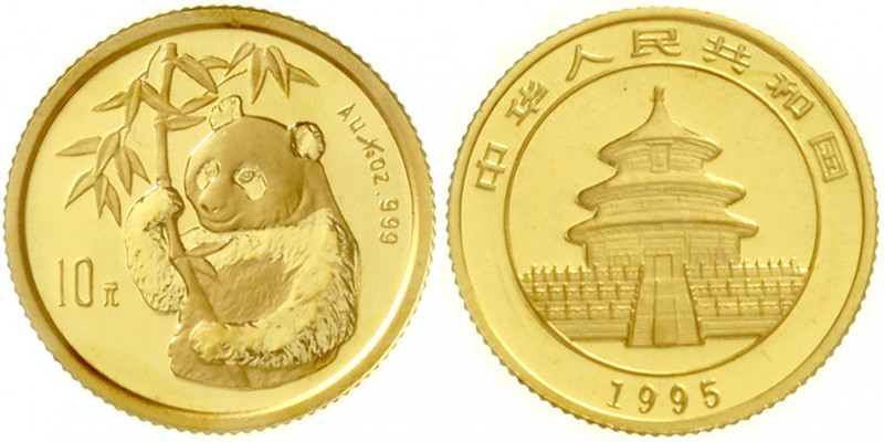 China
Volksrepublik, seit 1949
10 Yuan GOLD 1995. Hüftbild eines Pandas mit Ba...