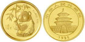 China
Volksrepublik, seit 1949
10 Yuan GOLD 1995. Hüftbild eines Pandas mit Bambuszweig. 1/10 Unze Feingold. Large Date, verschweißt.
Stempelglanz...