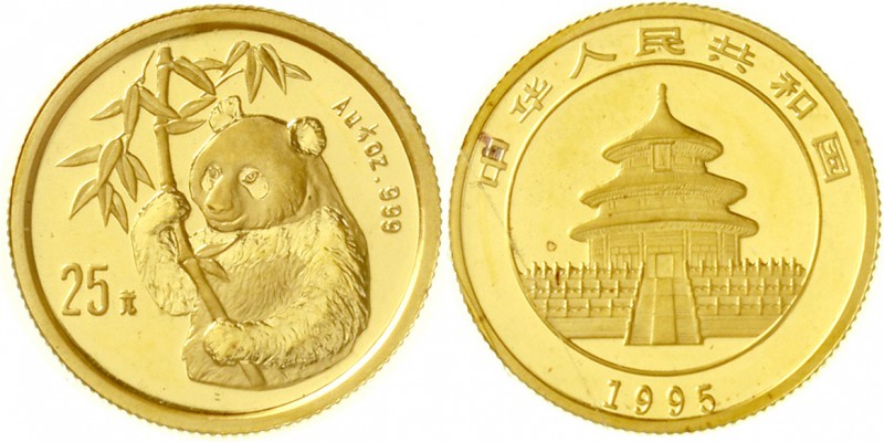 China
Volksrepublik, seit 1949
25 Yuan 1/4 Unze GOLD 1995. Hüftbild eines Pand...