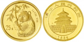 China
Volksrepublik, seit 1949
25 Yuan 1/4 Unze GOLD 1995. Hüftbild eines Pandas mit Bambuszweig. Large Date.
Stempelglanz