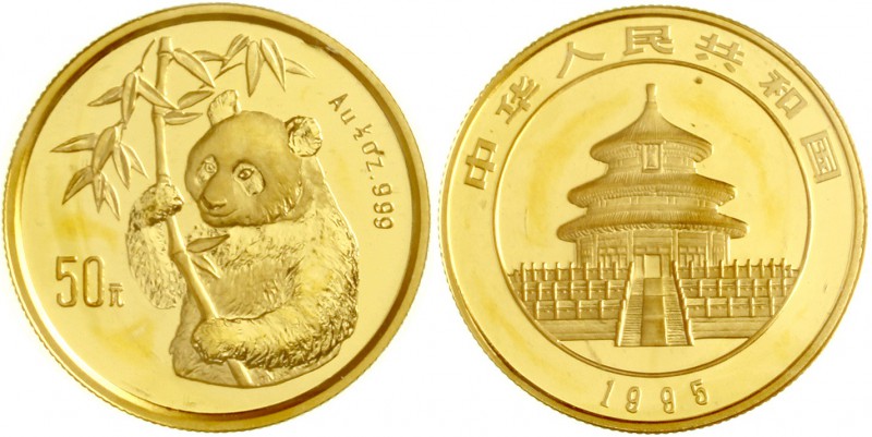 China
Volksrepublik, seit 1949
50 Yuan GOLD 1995. Hüftbild eines Pandas mit Ba...