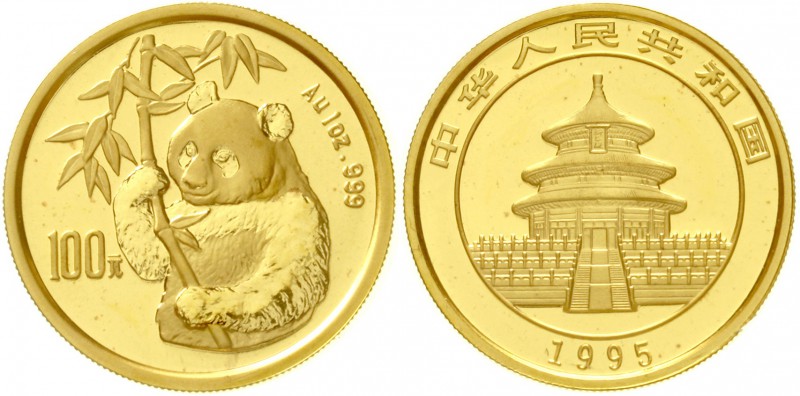 China
Volksrepublik, seit 1949
100 Yuan GOLD 1995. Hüftbild eines Pandas mit B...