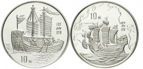 China
Volksrepublik, seit 1949
2 X 10 Yuan Silber 1995. Chinesischer Schiffbau. Schiff einer kaiserlichen Gesandschaft und Handelsschiff In Kapseln....