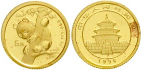 China
Volksrepublik, seit 1949
5 Yuan GOLD 1996. Junger Panda, von einem Baum herabblickend. 1/20 Unze Feingold. Small Date, verschweißt.
Stempelgl...