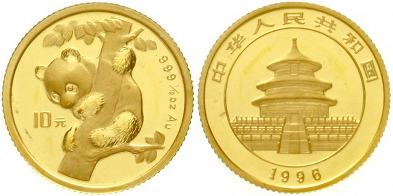 China
Volksrepublik, seit 1949
10 Yuan GOLD 1996. Junger Panda, von einem Baum...