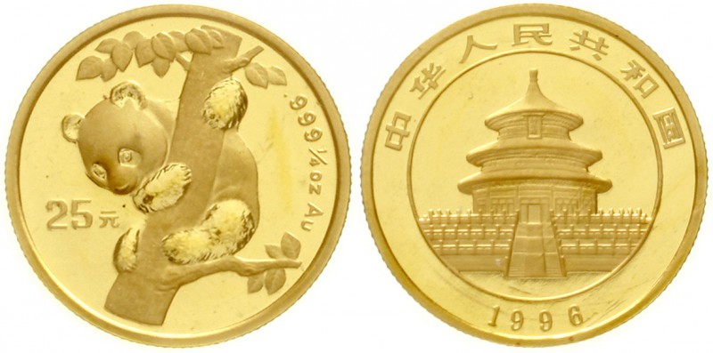 China
Volksrepublik, seit 1949
25 Yuan GOLD 1996. Junger Panda, von einem Baum...