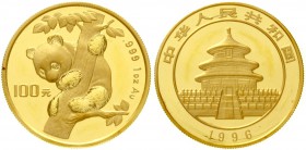 China
Volksrepublik, seit 1949
100 Yuan Panda GOLD 1996. Junger Panda, von einem Baum herabblickend. 1 Unze Feingold. Large Date, verschweißt.
Stem...
