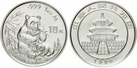China
Volksrepublik, seit 1949
10 Yuan Panda 1996. Panda mit Jungtier. Small Date. In Kapsel
Stempelglanz