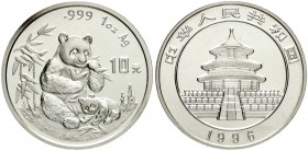 China
Volksrepublik, seit 1949
10 Yuan Panda 1996. Panda mit Jungtier. Large Date. In Kapsel
Stempelglanz