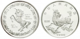 China
Volksrepublik, seit 1949
10 Yuan Silber 1996. Chinesisches Einhorn/Einhorn in der Levade. In Kapsel.
Polierte Platte