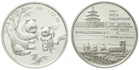China
Volksrepublik, seit 1949
1 Unze Silber Freundschaftspanda 1997 zur Internationalen Münzenausstellung in München. Geringe Auflage. In Kapsel.
...