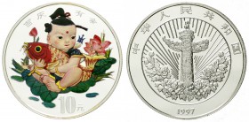 China
Volksrepublik, seit 1949
10 Yuan Silber in Farbe 1997. Chinesisches Segenszeichen. Kind mit Karpfen als Glücksbringer. In Kapsel.
Stempelglan...