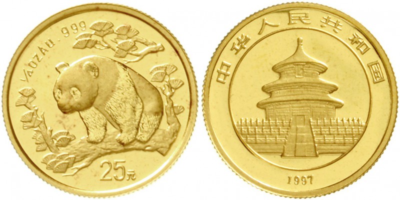 China
Volksrepublik, seit 1949
25 Yuan GOLD 1997. Panda nach links Wald. 1/4 U...