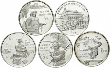 China
Volksrepublik, seit 1949
5 X 5 Yuan Silber 1997. Chinesische Kultur 2. Ausgabe. kpl. Serie. In Kapseln.
Polierte Platte, teils etwas Patina