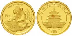 China
Volksrepublik, seit 1949
5 Yuan GOLD 1998. Panda auf Felsen beim Auswählen von Zweigen. 1/20 Unze Feingold. Small Date, verschweißt.
Stempelg...