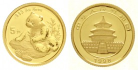 China
Volksrepublik, seit 1949
5 Yuan GOLD 1998. Panda auf Felsen beim Auswählen von Zweigen. 1/20 Unze Feingold. Large Date.
Stempelglanz