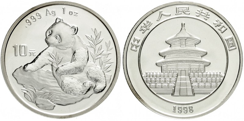 China
Volksrepublik, seit 1949
10 Yuan Panda 1998. Panda beim Auswählen von Zw...