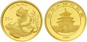 China
Volksrepublik, seit 1949
25 Yuan GOLD 1998. Panda auf Felsen beim Auswählen von Zweigen. 1/4 Unze Feingold, Large Date, verschweißt.
Stempelg...