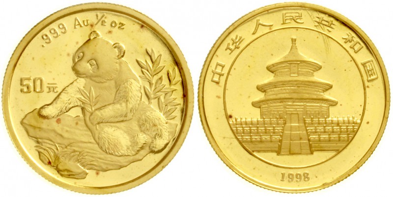 China
Volksrepublik, seit 1949
50 Yuan GOLD 1998. Panda auf Felsen beim Auswäh...