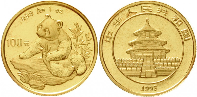China
Volksrepublik, seit 1949
100 Yuan GOLD 1998. Panda auf Felsen beim Auswä...