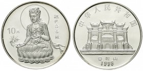 China
Volksrepublik, seit 1949
10 Yuan Silber 1998. Guanyin 6. Ausgabe. Guanyin auf Lotusblüte. In Kapsel.
Stempelglanz
