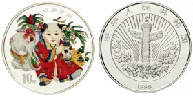 China
Volksrepublik, seit 1949
10 Yuan Silber in Farbe 1998. Chinesisches Segenszeichen. Kind mit Vase und weißem Elefanten. In Kapsel.
Polierte Pl...