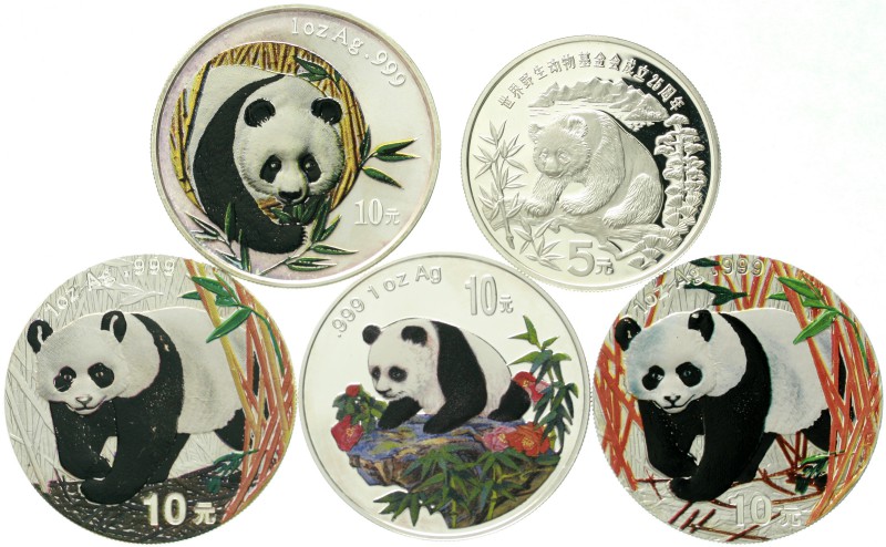 China
Volksrepublik, seit 1949
5 Stück: 10 Yuan Panda Silber Farbmünzen 1999, ...