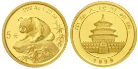 China
Volksrepublik, seit 1949
5 Yuan GOLD 1999. Panda auf einem Felsen. 1/20 Unze Feingold. Large Date without Serif, verschweißt.
Stempelglanz