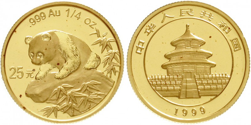 China
Volksrepublik, seit 1949
25 Yuan GOLD 1999. Junger Panda auf Felsvorspru...