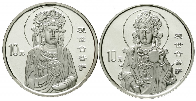 China
Volksrepublik, seit 1949
2 X 10 Yuan Silber (1 Unze) 1999. Guanyin mit F...
